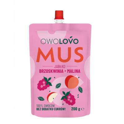 OWOLOVO PREMIUM mus owocowy JABŁKO BRZOSKWINIA MALINA 200g NOWY SMAK 3owoce