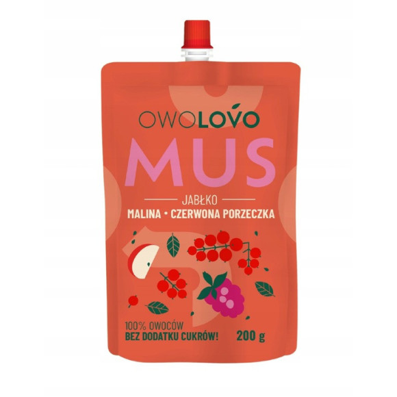 OWOLOVO PREMIUM mus owocowy JABŁKO MALINA PORZECZKA 200g NOWY SMAK 3 owoce