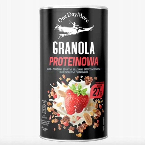 OneDayMore GRANOLA PROTEINOWA TRUSKAWKOWA 400g musli śniadanie 27% białka OneDayMore GRANOLA PROTEINOWA TRUSKAWKOWA 400g musli śniadanie 27% białka
