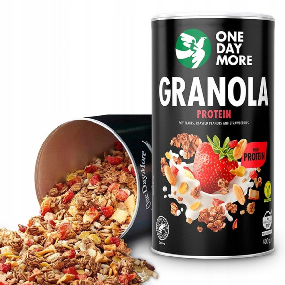 OneDayMore GRANOLA PROTEINOWA TRUSKAWKOWA 400g musli śniadanie 27% białka OneDayMore GRANOLA PROTEINOWA TRUSKAWKOWA 400g musli śniadanie 27% białka