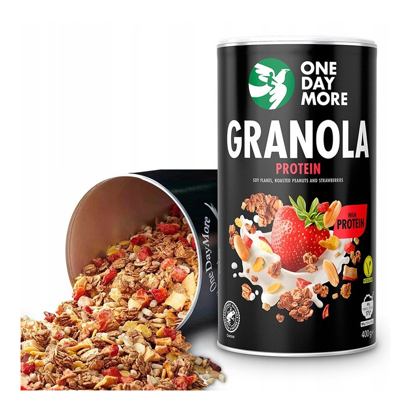 OneDayMore GRANOLA PROTEINOWA TRUSKAWKOWA 400g musli śniadanie 27% białka