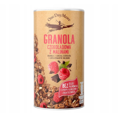 OneDayMore GRANOLA CZEKOLADOWA Z MALINAMI 450g gorzka czekolada + maliny