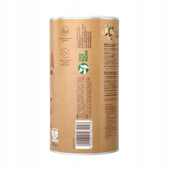 OneDayMore GRANOLA CYNAMONOWA Z ORZECHAMI 450g Migdały + Nerkowce + Laskowe OneDayMore GRANOLA CYNAMONOWA Z ORZECHAMI 450g Migdały + Nerkowce + Laskowe