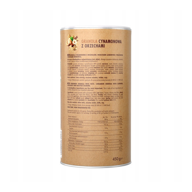 OneDayMore GRANOLA CYNAMONOWA Z ORZECHAMI 450g Migdały + Nerkowce + Laskowe