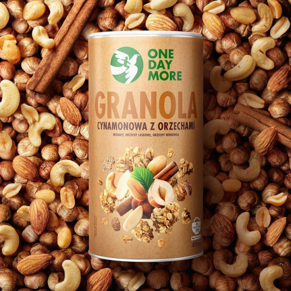 OneDayMore GRANOLA CYNAMONOWA Z ORZECHAMI 450g Migdały + Nerkowce + Laskowe OneDayMore GRANOLA CYNAMONOWA Z ORZECHAMI 450g Migdały + Nerkowce + Laskowe