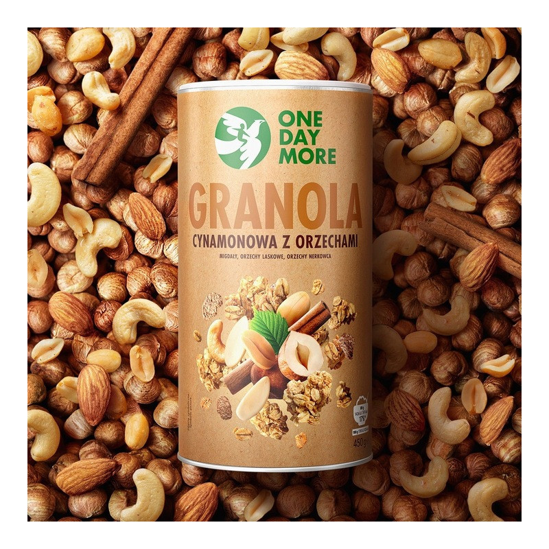 OneDayMore GRANOLA CYNAMONOWA Z ORZECHAMI 450g Migdały + Nerkowce + Laskowe
