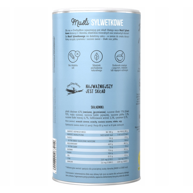 OneDayMore MUESLI BE FIT Sylwetkowe Wiśnia Cynamon 450g Płatki Błonnik vege
