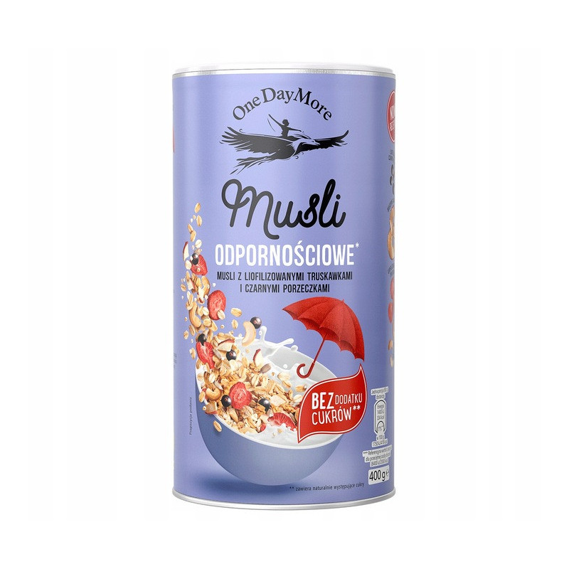 OneDayMore IMMUNITY MUSLI Odpornościowe Truskawka Porzeczka 450g Płatki HIT