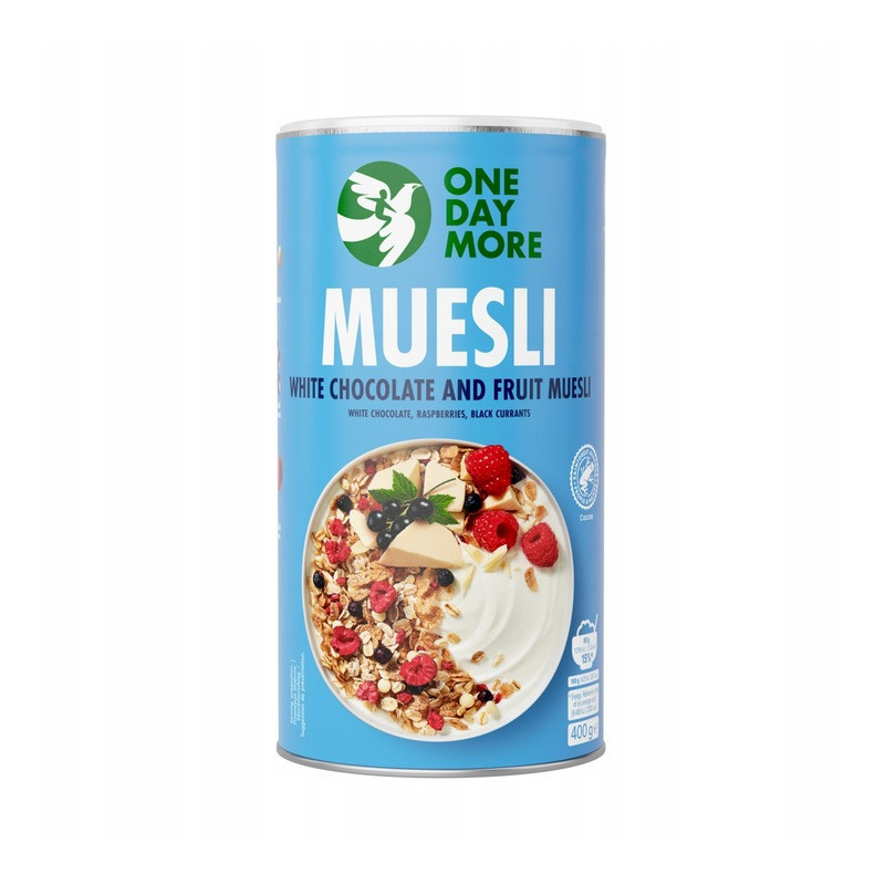 OneDayMore MUSLI OWOCOWE Z BIAŁĄ CZEKOLADĄ 400g malina + czarna porzeczka