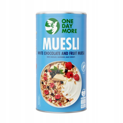 OneDayMore MUSLI OWOCOWE Z BIAŁĄ CZEKOLADĄ 400g malina + czarna porzeczka