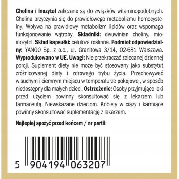 Yango CHOLINA + INOZYTOL 90 kaps wsparcie UKŁAD NERWOWY STRES METABOLIZM Yango CHOLINA + INOZYTOL 90 kaps wsparcie UKŁAD NERWOWY STRES METABOLIZM