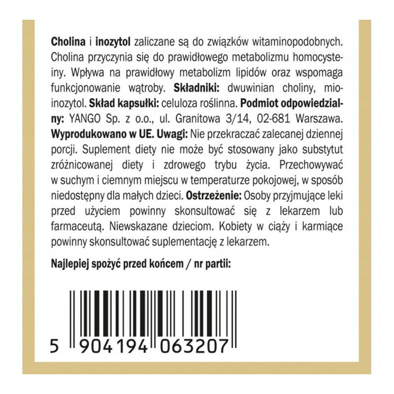 Yango CHOLINA + INOZYTOL 90 kaps wsparcie UKŁAD NERWOWY STRES METABOLIZM
