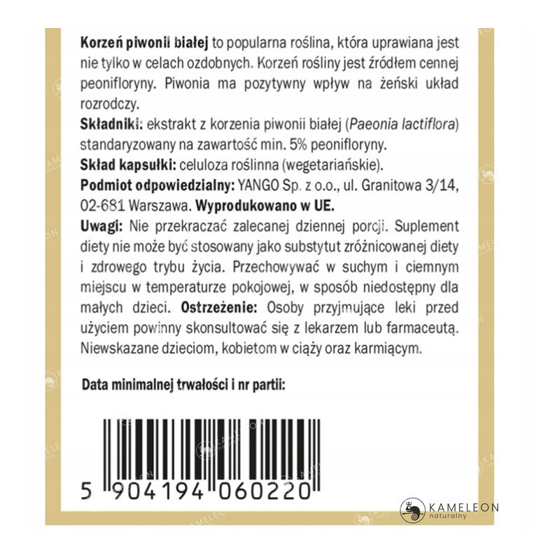 Yango PIWONIA BIAŁA KORZEŃ wsparcie BÓLE MENSTRUACYJNE ROZKURCZOWO 90kaps