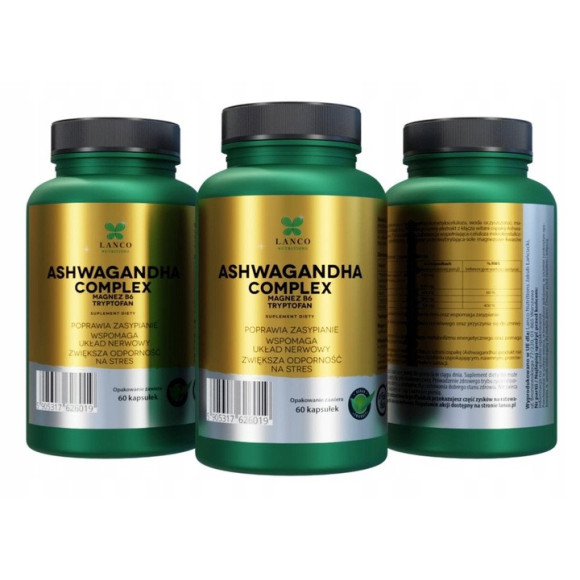 ASHWAGANDHA COMPLEX + Magnez Wit.B6 L-tryptofan 60kps LANCO pomoc STRES SEN