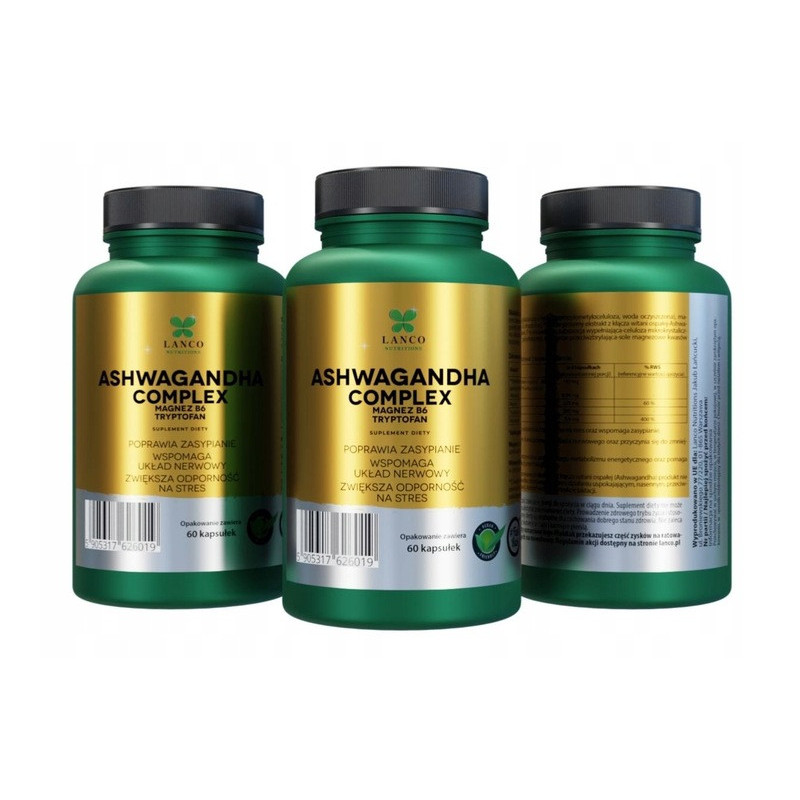 ASHWAGANDHA COMPLEX + Magnez Wit.B6 L-tryptofan 60kps LANCO pomoc STRES SEN