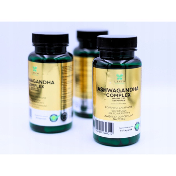 ASHWAGANDHA COMPLEX + Magnez Wit.B6 L-tryptofan 60kps LANCO pomoc STRES SEN