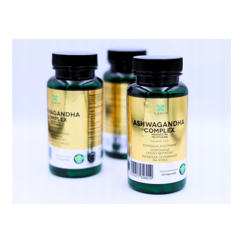 ASHWAGANDHA COMPLEX + Magnez Wit.B6 L-tryptofan 60kps LANCO pomoc STRES SEN