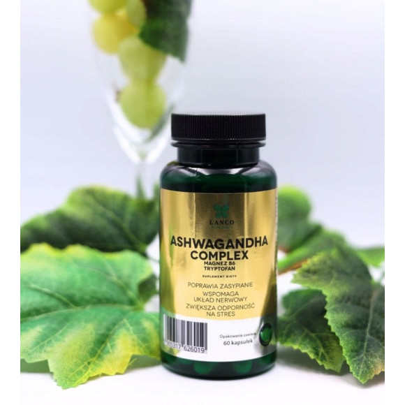 ASHWAGANDHA COMPLEX + Magnez Wit.B6 L-tryptofan 60kps LANCO pomoc STRES SEN