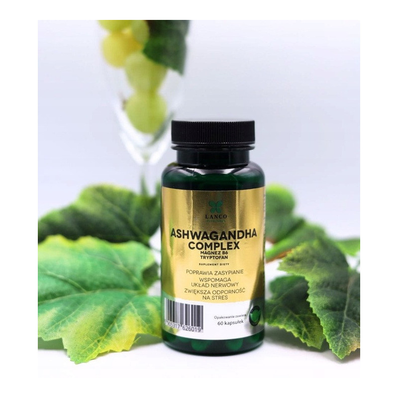 ASHWAGANDHA COMPLEX + Magnez Wit.B6 L-tryptofan 60kps LANCO pomoc STRES SEN