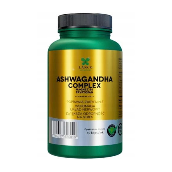 ASHWAGANDHA COMPLEX + Magnez Wit.B6 L-tryptofan 60kps LANCO pomoc STRES SEN