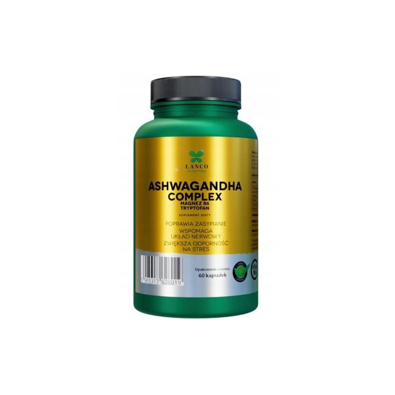 ASHWAGANDHA COMPLEX + Magnez Wit.B6 L-tryptofan 60kps LANCO pomoc STRES SEN