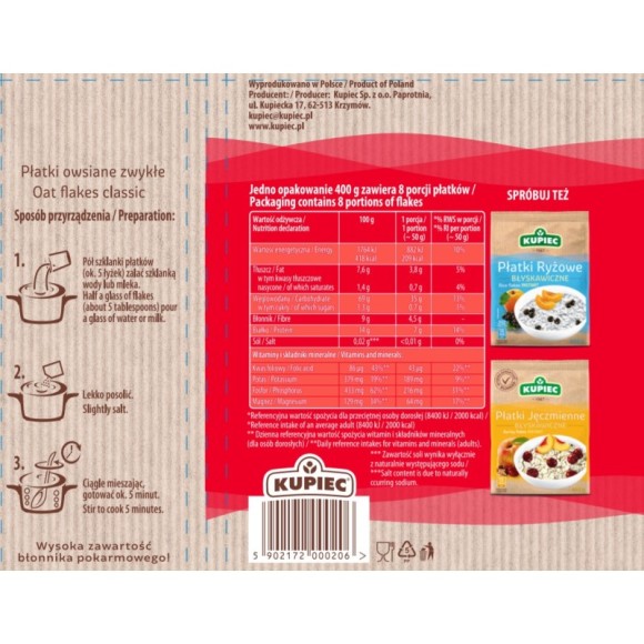 Kupiec PŁATKI OWSIANE ZWYKŁE 400g 0,4KG