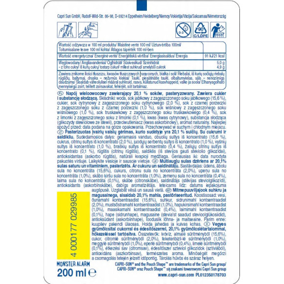 CAPRI-SUN Napój owocowy ze słomką WIELOOWOCOWY MONSTER ALARM 200ml 40szt 8L CAPRI-SUN Napój owocowy ze słomką WIELOOWOCOWY MONSTER ALARM 200ml 40szt 8L