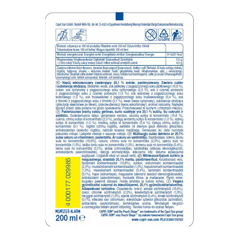 CAPRI-SUN Napój owocowy ze słomką WIELOOWOCOWY MONSTER ALARM 200ml 40szt 8L