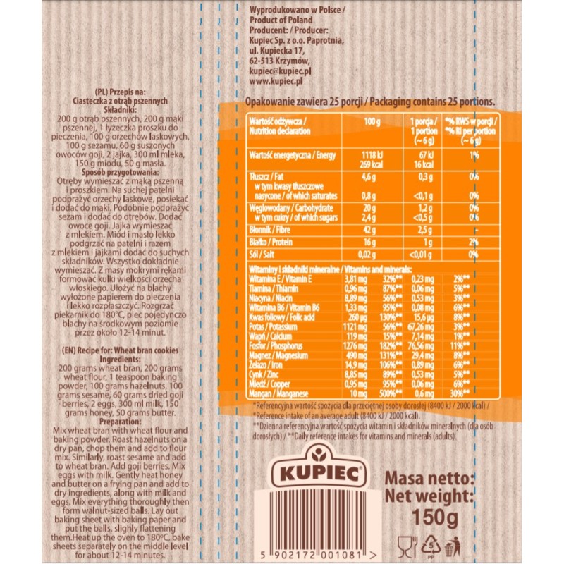 Kupiec OTRĘBY PSZENNE 150g 0,15KG do jogurtów koktajli ciast