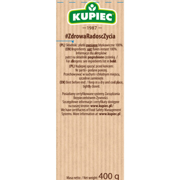 Kupiec PŁATKI OWSIANE BŁYSKAWICZNE 400g 0,4KG 