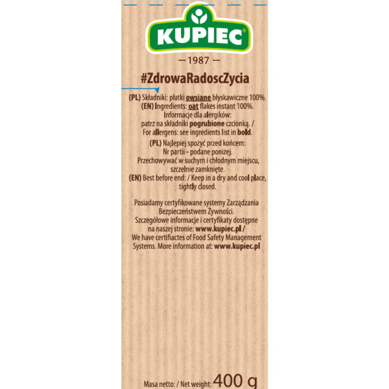 Kupiec PŁATKI OWSIANE BŁYSKAWICZNE 400g 0,4KG 