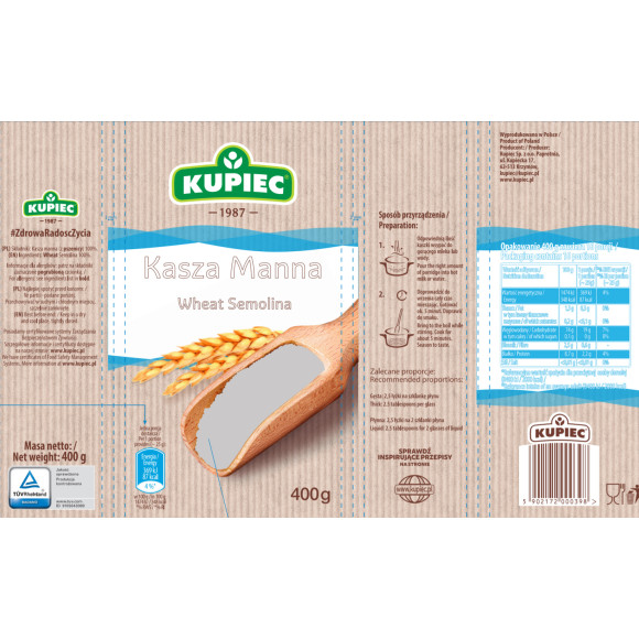 Kupiec KASZA MANNA z pszenicy 100% 400g 0,4KG KRÓTKA DATA