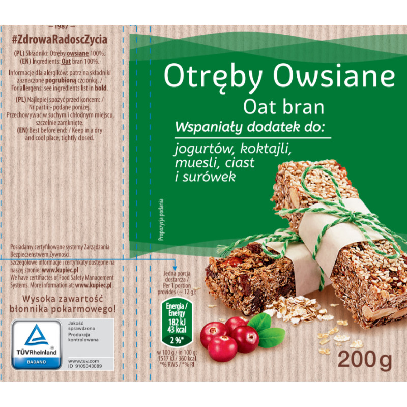 Kupiec OTRĘBY OWSIANE 200g 0,2KG dodatek do jogurtów koktajli musli ciast