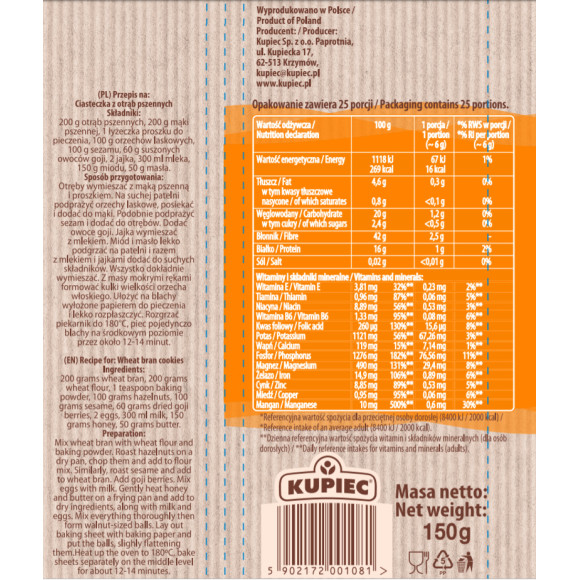 Kupiec OTRĘBY PSZENNE 150g 0,15KG do jogurtów koktajli ciast 