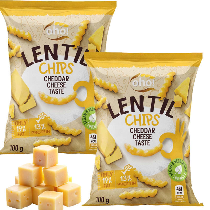 OHO LENTIL CHIPS Chipsy z czerwonej soczewicy smak CHEDDAR 100g x2 = 0,2kg