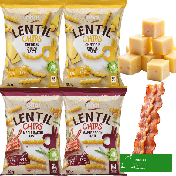 OHO LENTIL CHIPS Chipsy z czerwonej soczewicy CHEDDAR + BEKON 100g x4=0,4kg