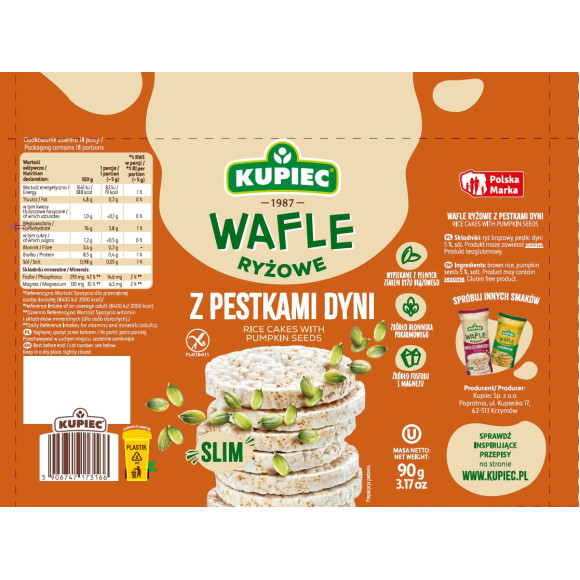 Kupiec WAFLE RYŻOWE Z PESTKAMI PESTKĄ DYNI dynia - SLIM - bezglutenowe 90g