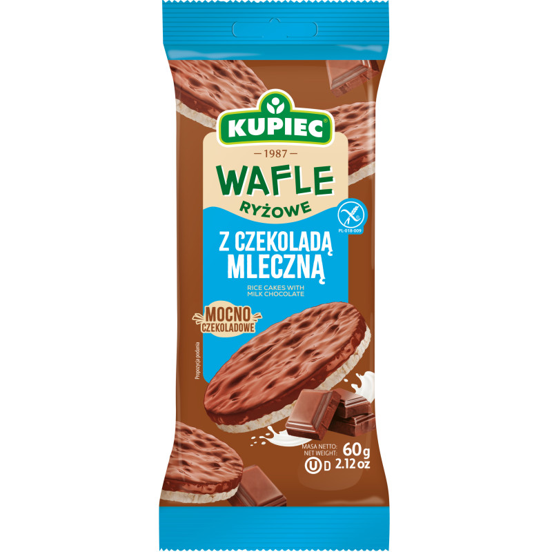Kupiec WAFLE RYŻOWE bezglutenowe W CZEKOLADZIE MLECZNEJ 4szt 60g