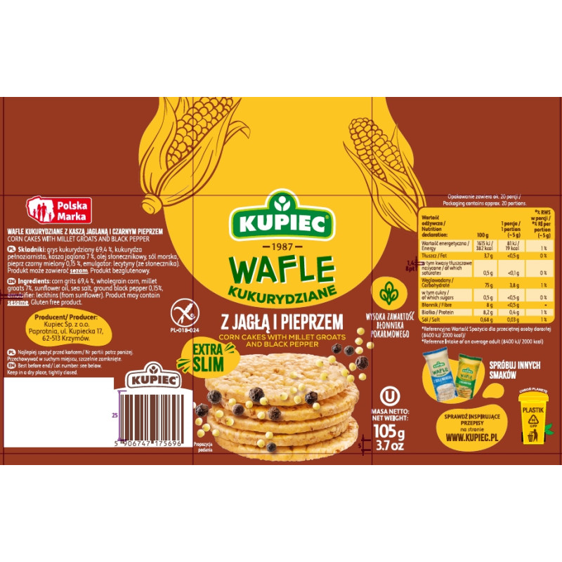 Kupiec WAFLE KUKURYDZIANE KASZA JAGLANA PIEPRZ bezglutenowe EXTRA SLIM 105g