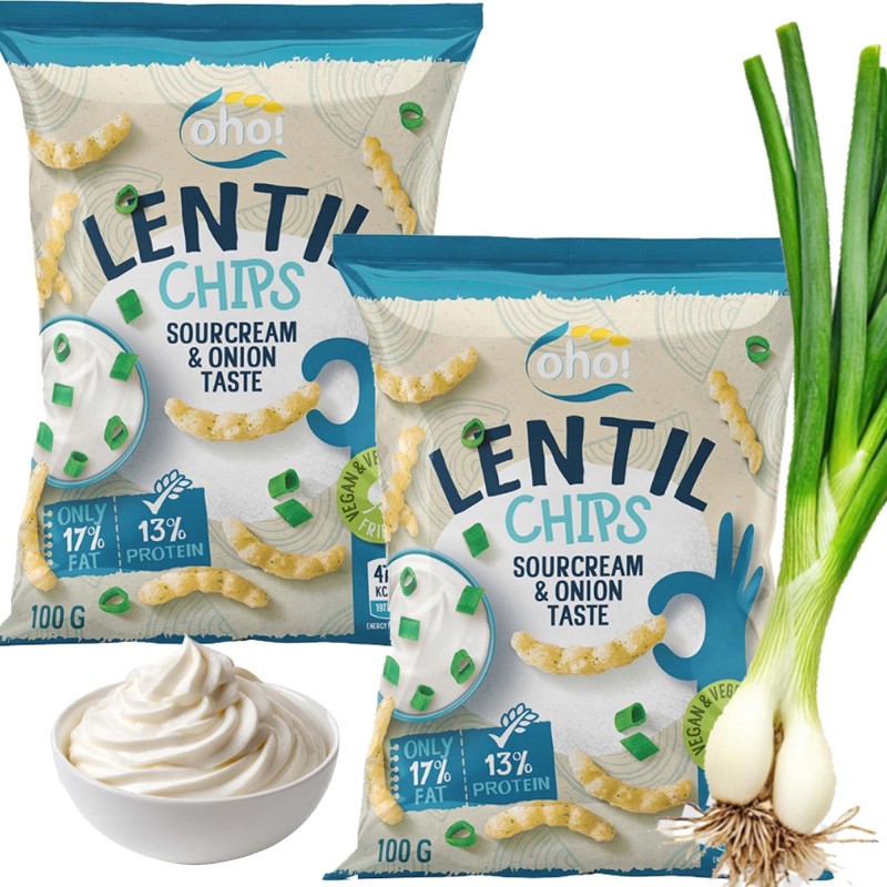 OHO LENTIL CHIPS Chipsy z czerwonej soczewicy ŚMIETANA CEBULA 100g x2 = 0,2kg