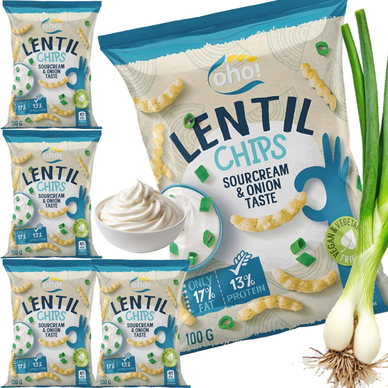 OHO LENTIL CHIPS Chipsy z czerwonej soczewicy ŚMIETANA CEBULA 100g x5 = 0,5kg