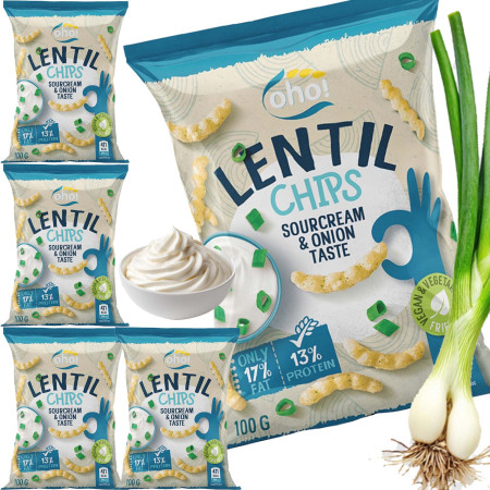 OHO LENTIL CHIPS Chipsy z czerwonej soczewicy ŚMIETANA CEBULA 100g x5 = 0,5kg
