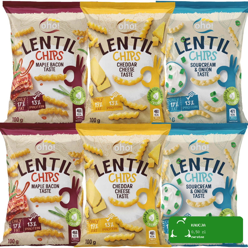 OHO LENTIL CHIPS Chipsy z czerwonej soczewicy MIX 3 SMAKÓW 100g x6 = 0,6kg