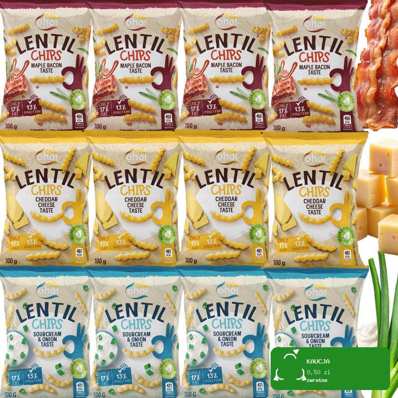 OHO LENTIL CHIPS Chipsy z czerwonej soczewicy MIX 3 SMAKÓW 100g x12 = 1,2kg