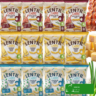OHO LENTIL CHIPS Chipsy z czerwonej soczewicy MIX 3 SMAKÓW 100g x12 = 1,2kg