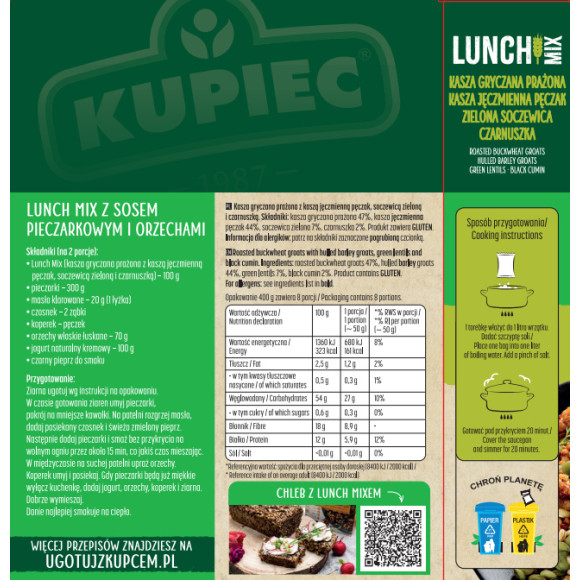 Kupiec LUNCH MIX KASZA GRYCZANA PĘCZAK SOCZEWICA CZARNUSZKA 4X100G 0,4KG
