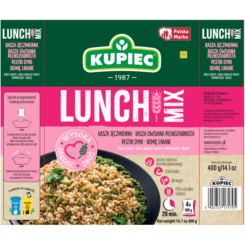 Kupiec LUNCH MIX KASZA JĘCZMIEN OWSIANA P. DYNI SIEMIĘ 4X100G KRÓTKA DATA 