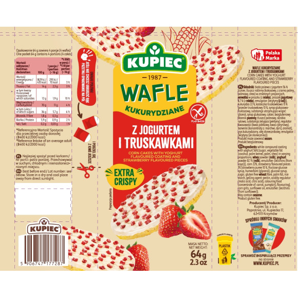 Kupiec WAFLE KUKURYDZIANE Z JOGURTEM I TRUSKAWKAMI bezglutenowe 4szt 64G