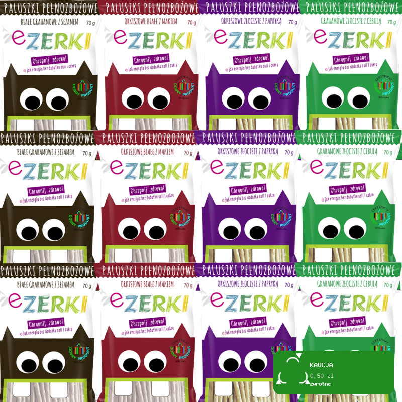 eZerki PALUSZKI pełnozbożowe bez cukru MIX 4 SMAKÓW x3 70g x12 = 0,84kg