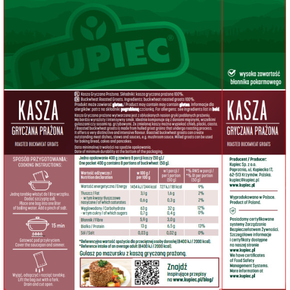 Kupiec KASZA GRYCZANA PRAŻONA 4x100g 400g 0,4KG gotowe w 15minut